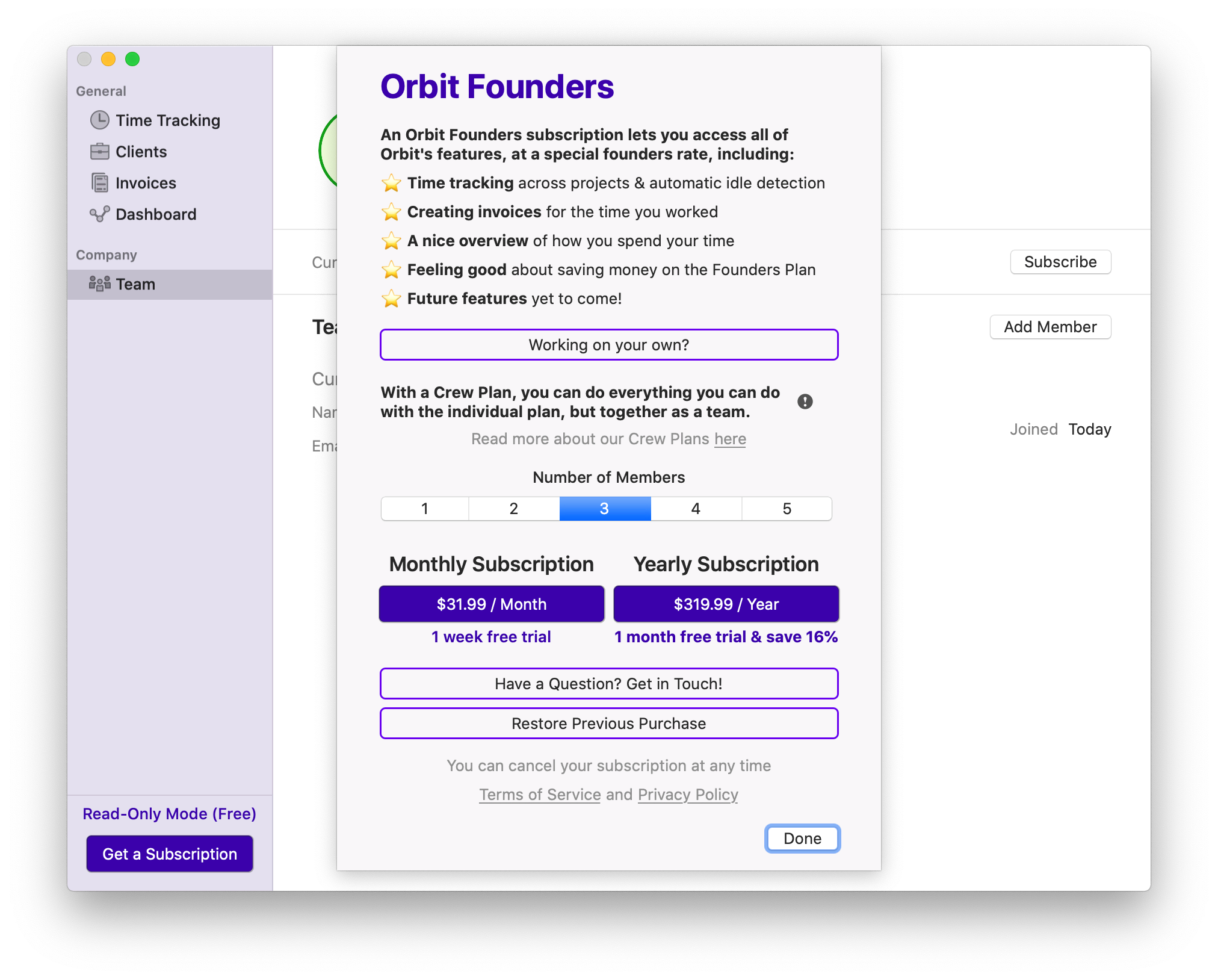 Crew Plan Subscription Screen